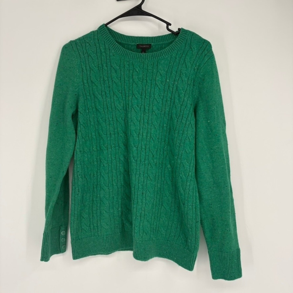 Talbots Women's Green Cable Knit Sweater Size L Speckled Button Cuff Crew Neck
